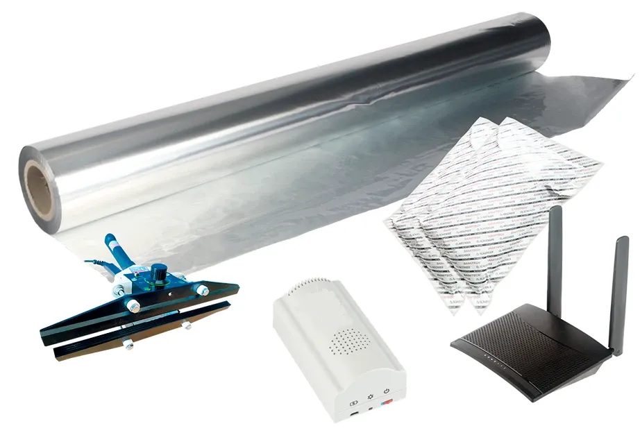 Rouleau de film barrière aluminium, soudeuse à main, sachets absorbeurs d’oxygène, capteur d’oxygène et routeur wifi